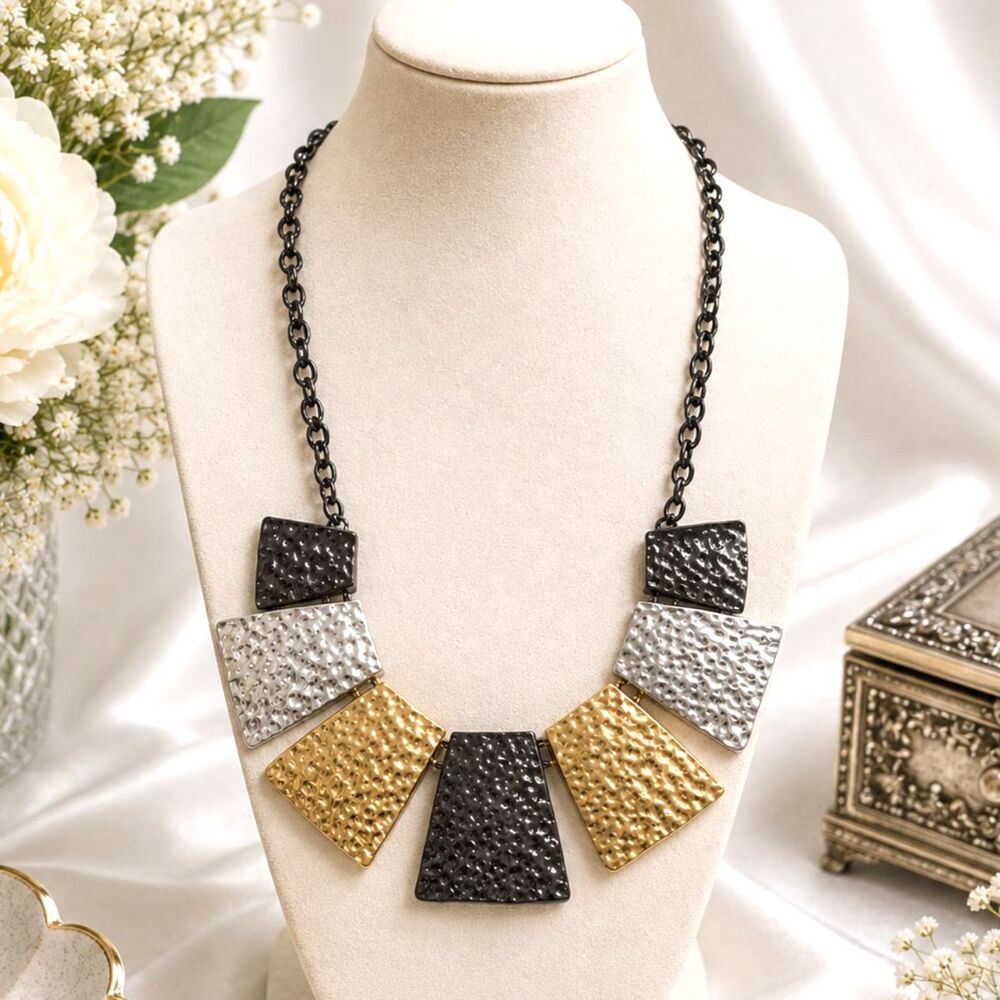 Tri Color Hammered Bib Statement Necklace Gunmetal Gold Silver 17"